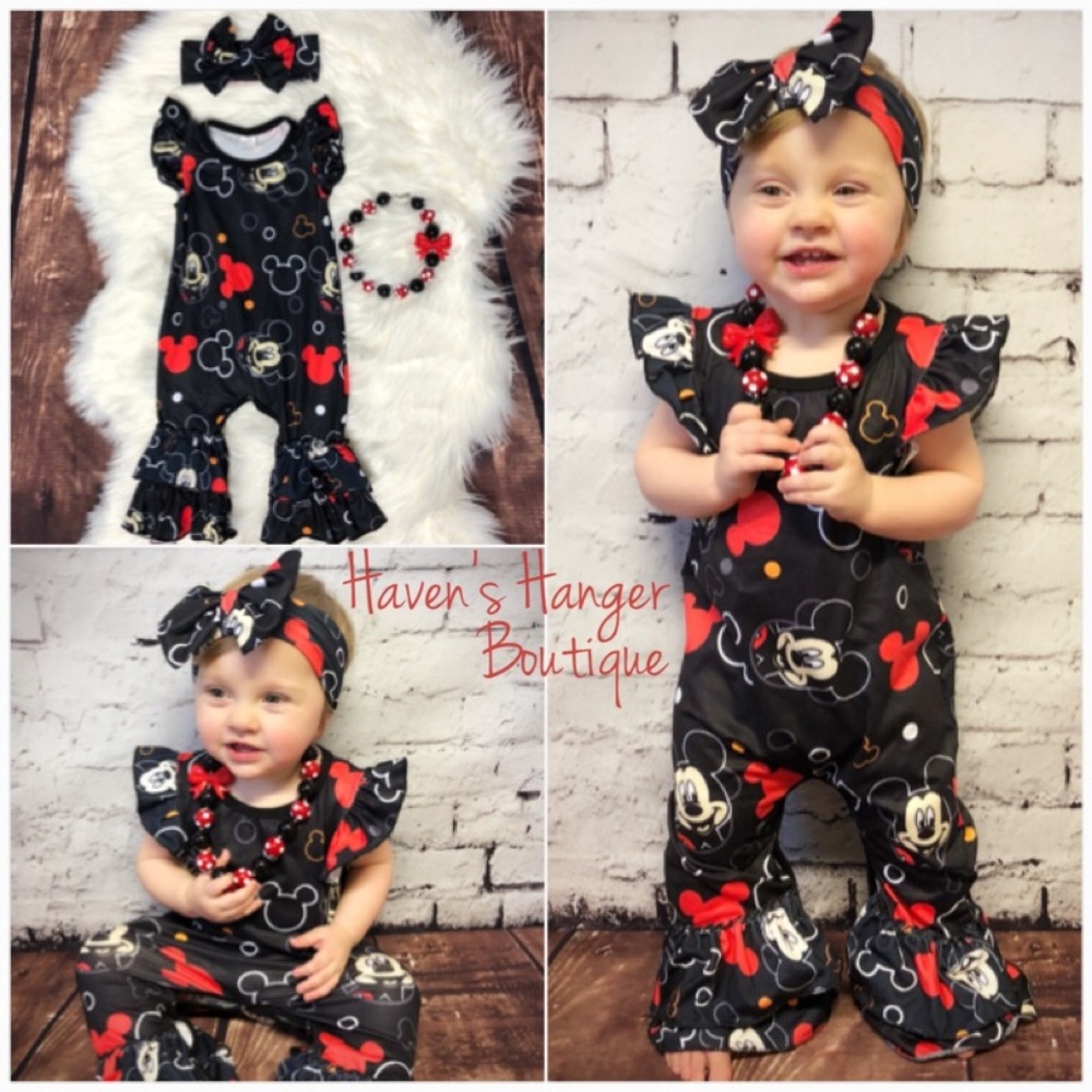 3pc. Mickey Romper Set w/ Headband & Necklace
